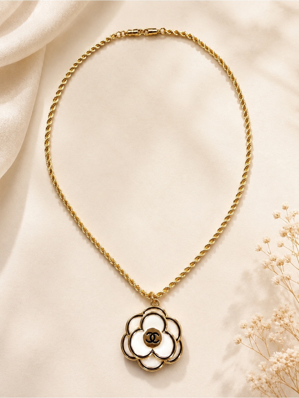 Hand-Assembled 18K Gold-Filled Rope Chain 3D Camellia Flower Pendant Necklace